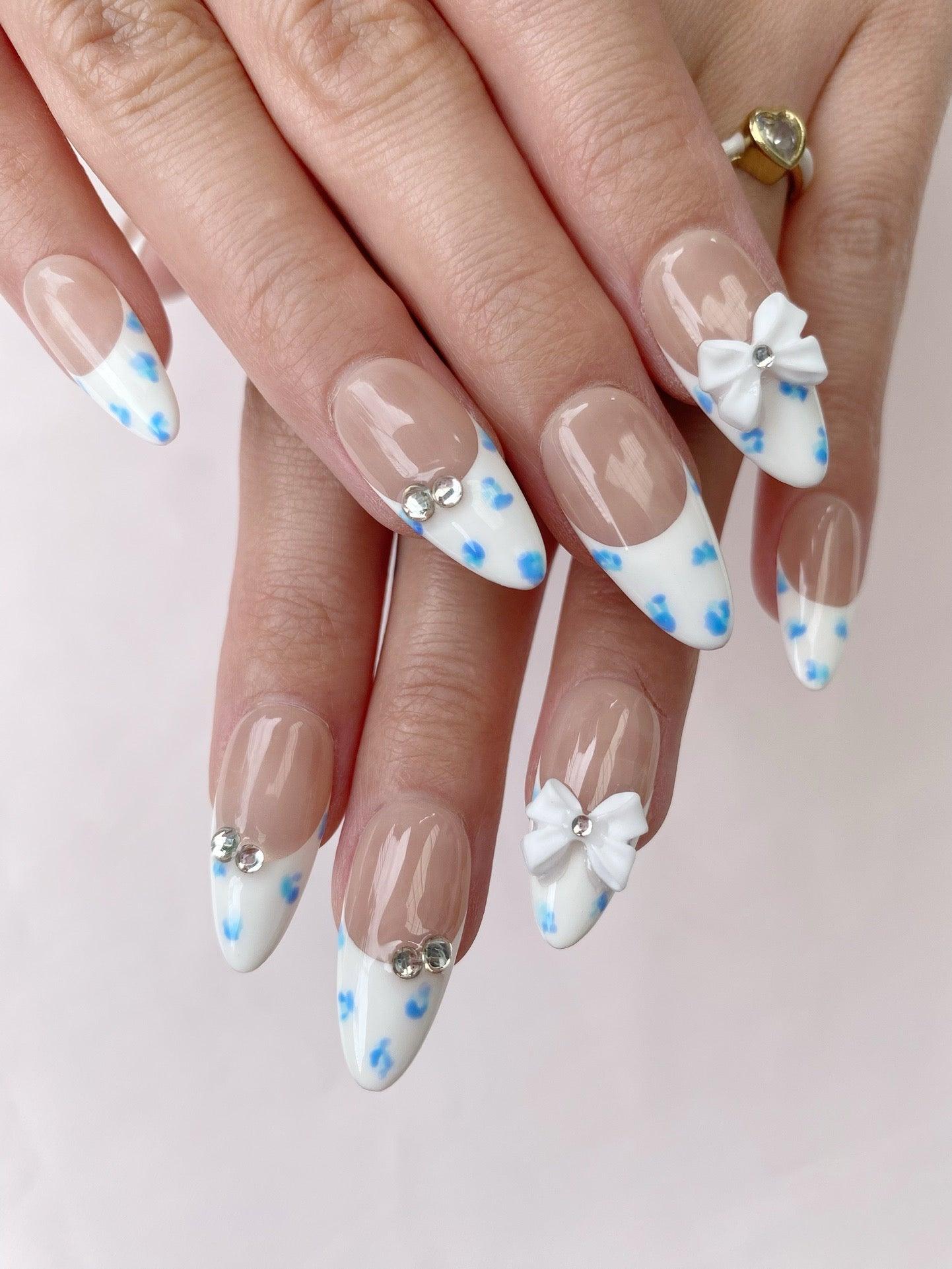 Blue Bow - GO2NAIL MEDIUM ALMOND PressOnNails