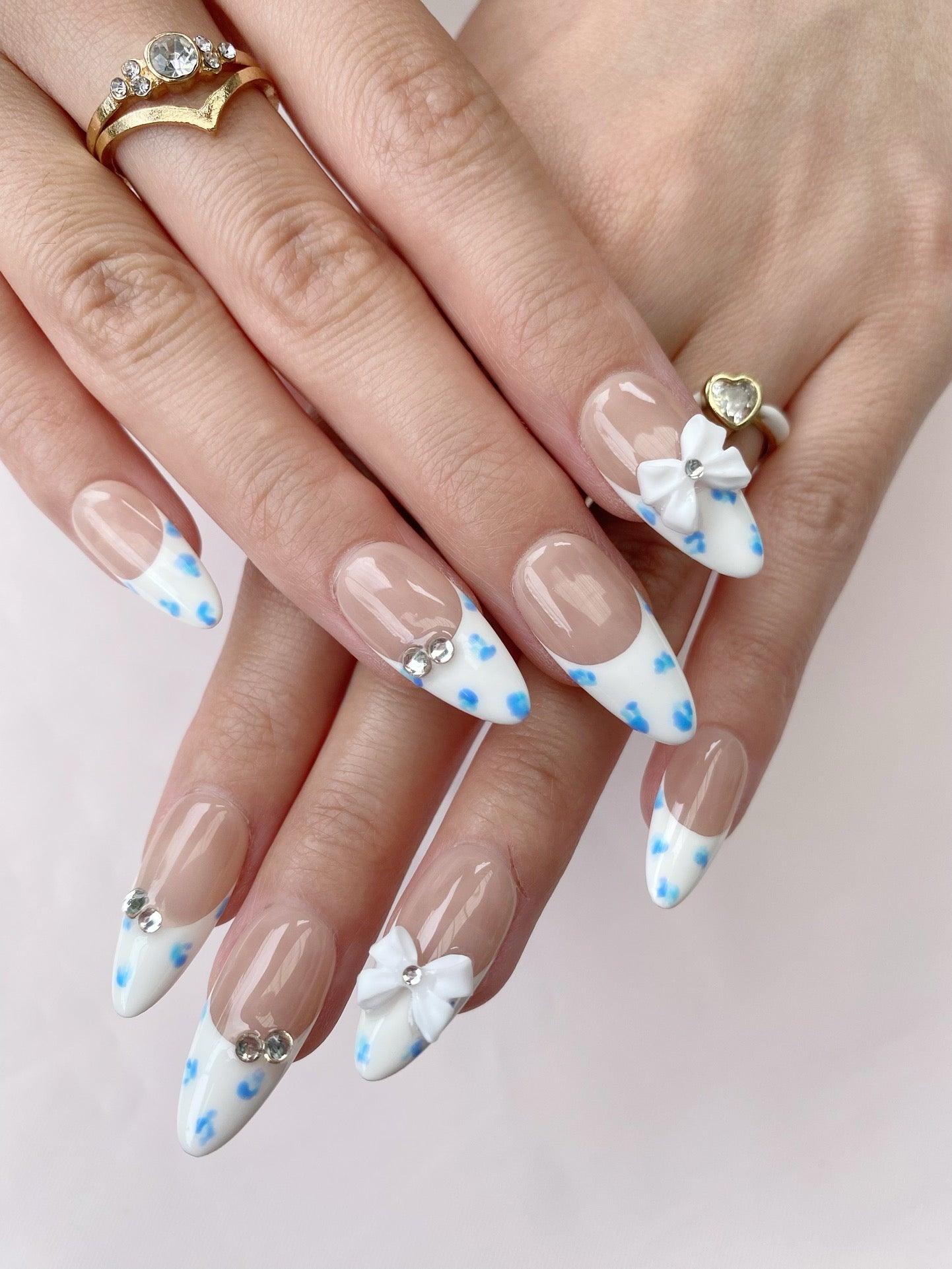 Blue Bow - GO2NAIL MEDIUM ALMOND PressOnNails
