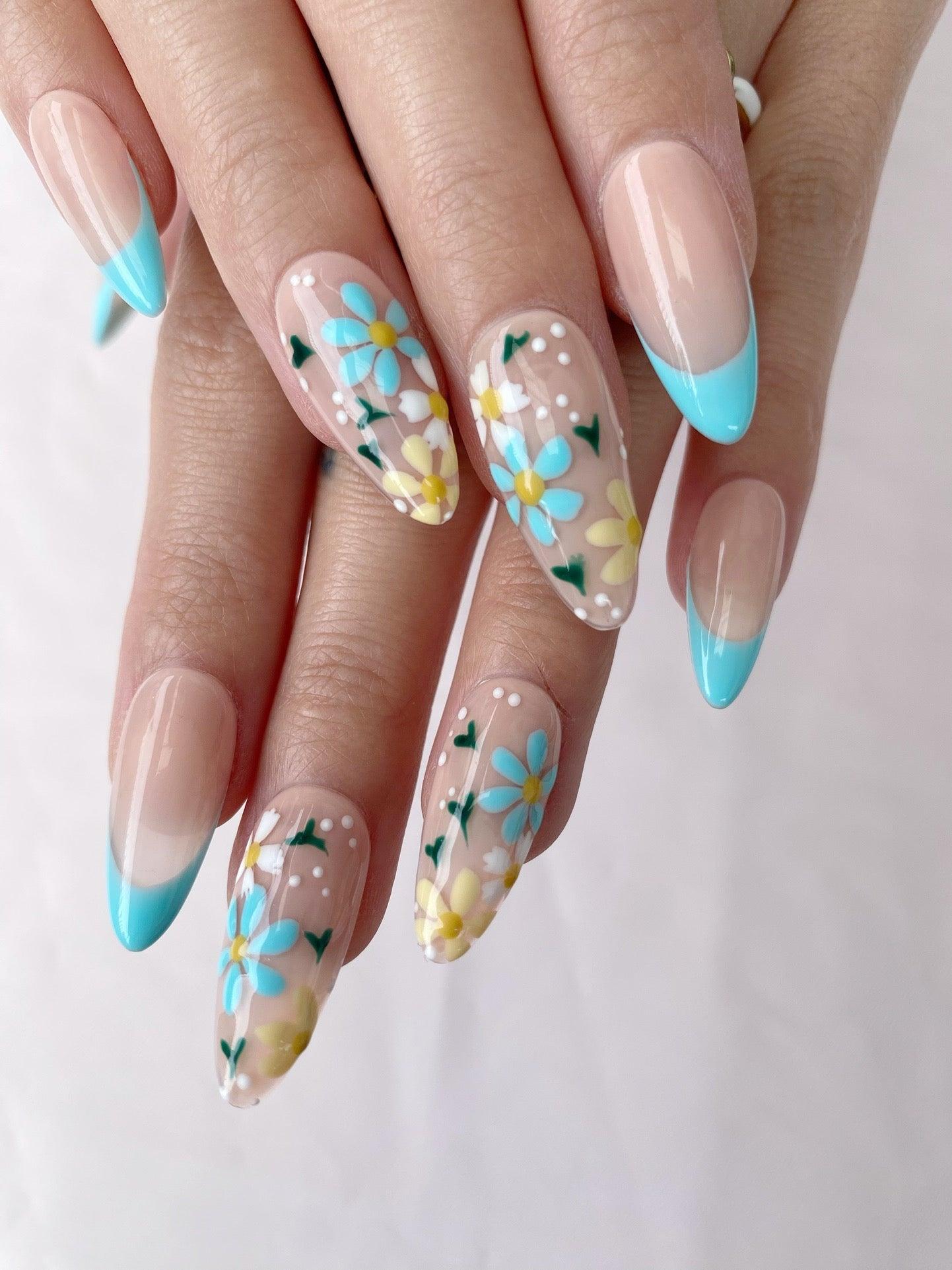 Blue Garden - GO2NAIL MEDIUM ALMOND PressOnNails