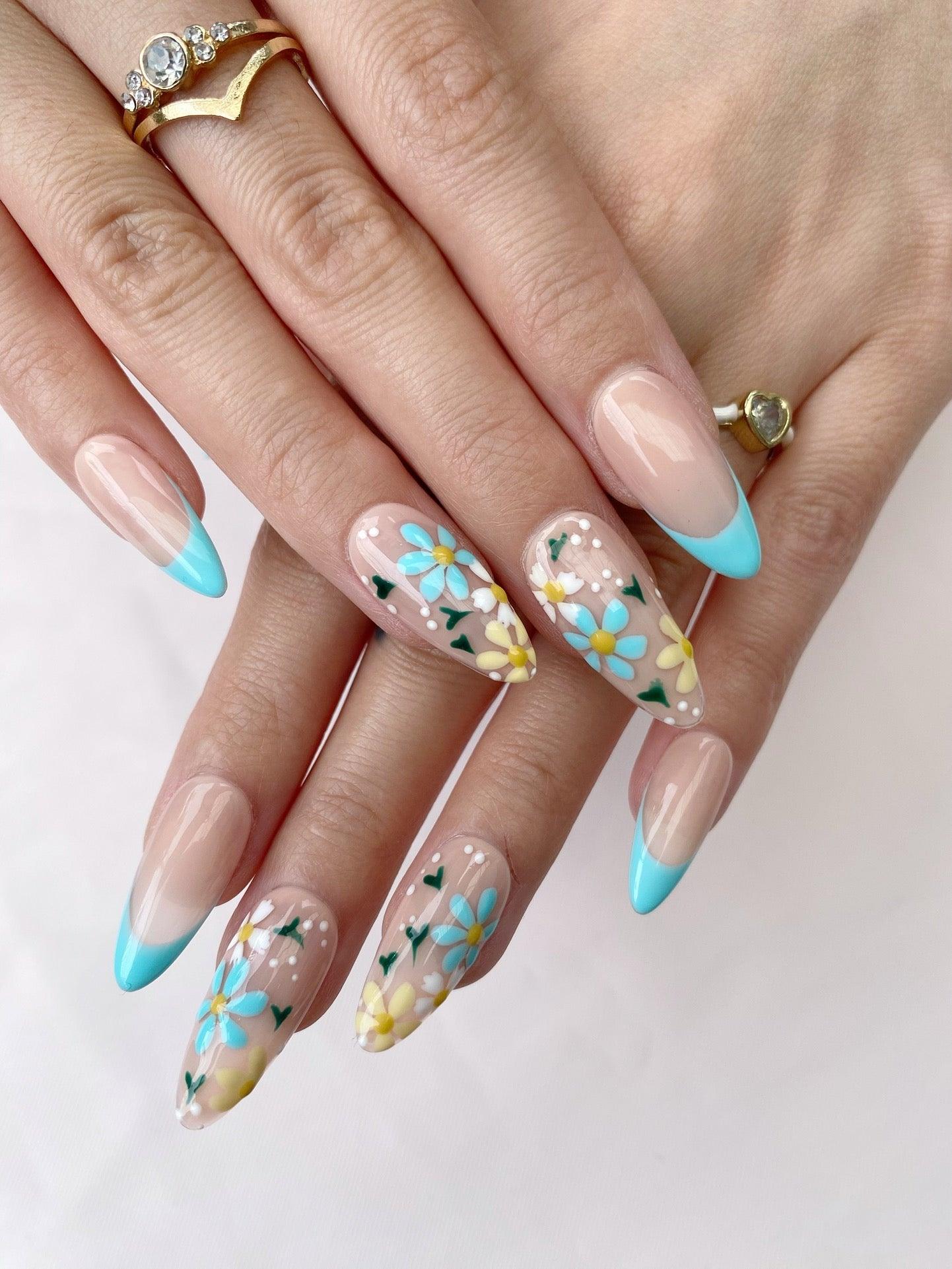Blue Garden - GO2NAIL MEDIUM ALMOND PressOnNails