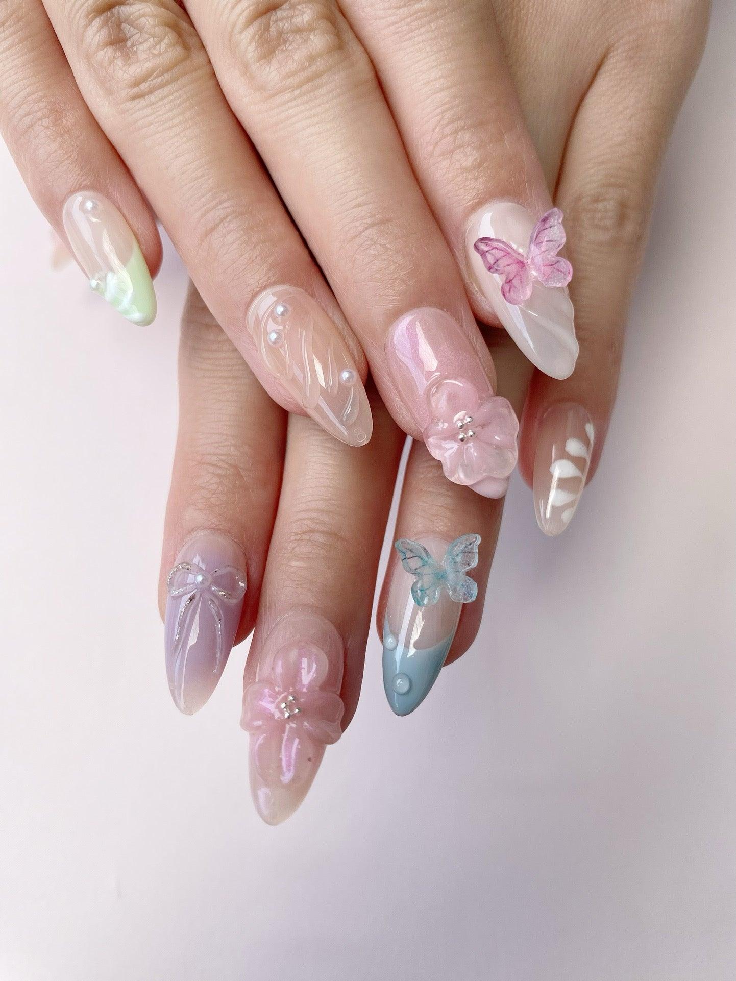 Fluttering Blooms - GO2NAIL MEDIUM ALMOND PressOnNails