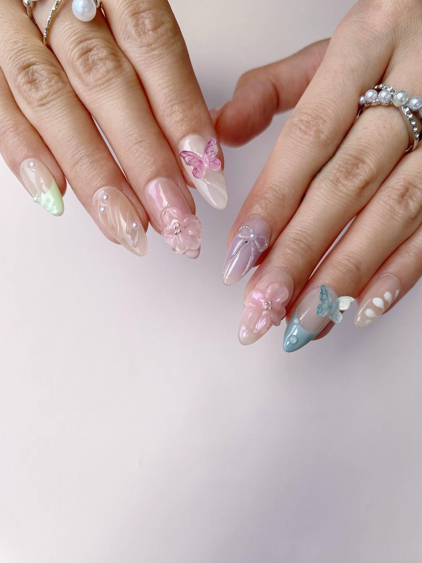 Fluttering Blooms - GO2NAIL MEDIUM ALMOND PressOnNails