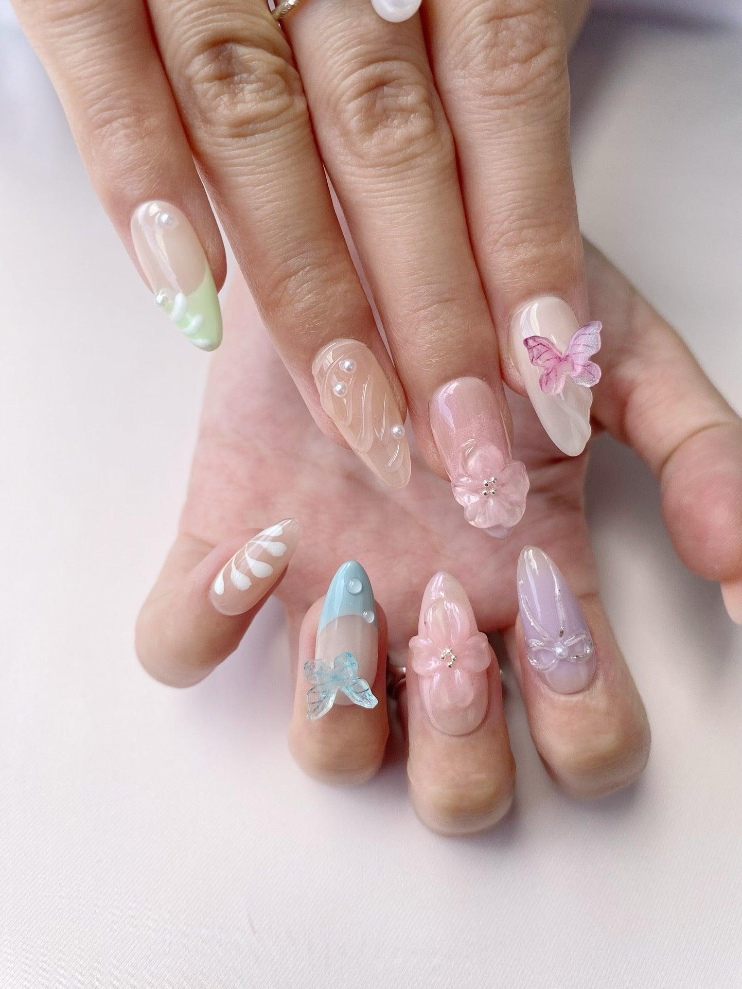 Fluttering Blooms - GO2NAIL MEDIUM ALMOND PressOnNails