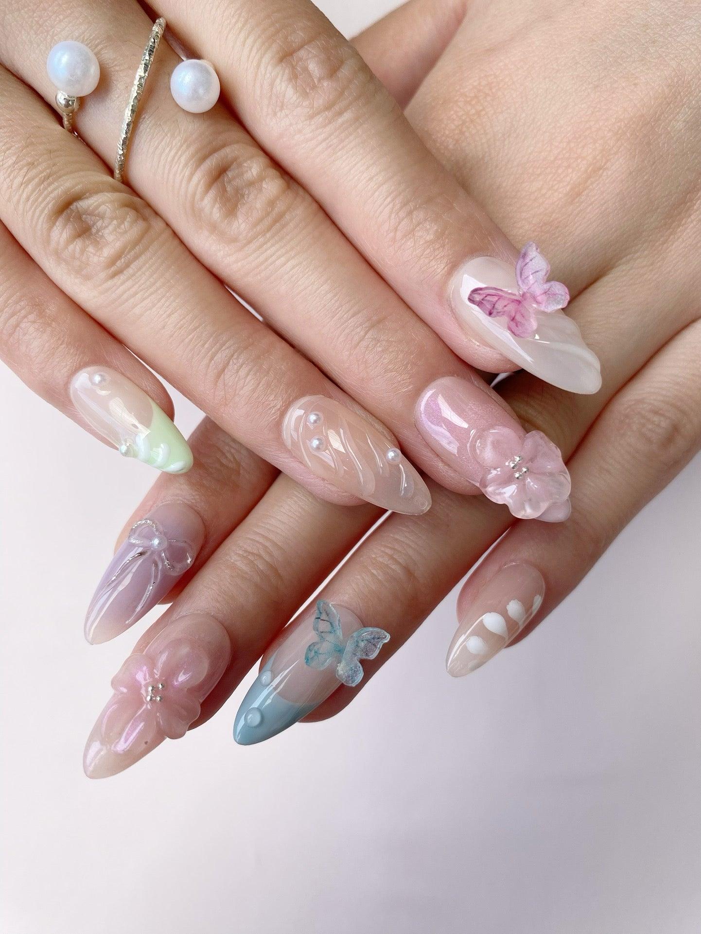 Fluttering Blooms - GO2NAIL MEDIUM ALMOND PressOnNails