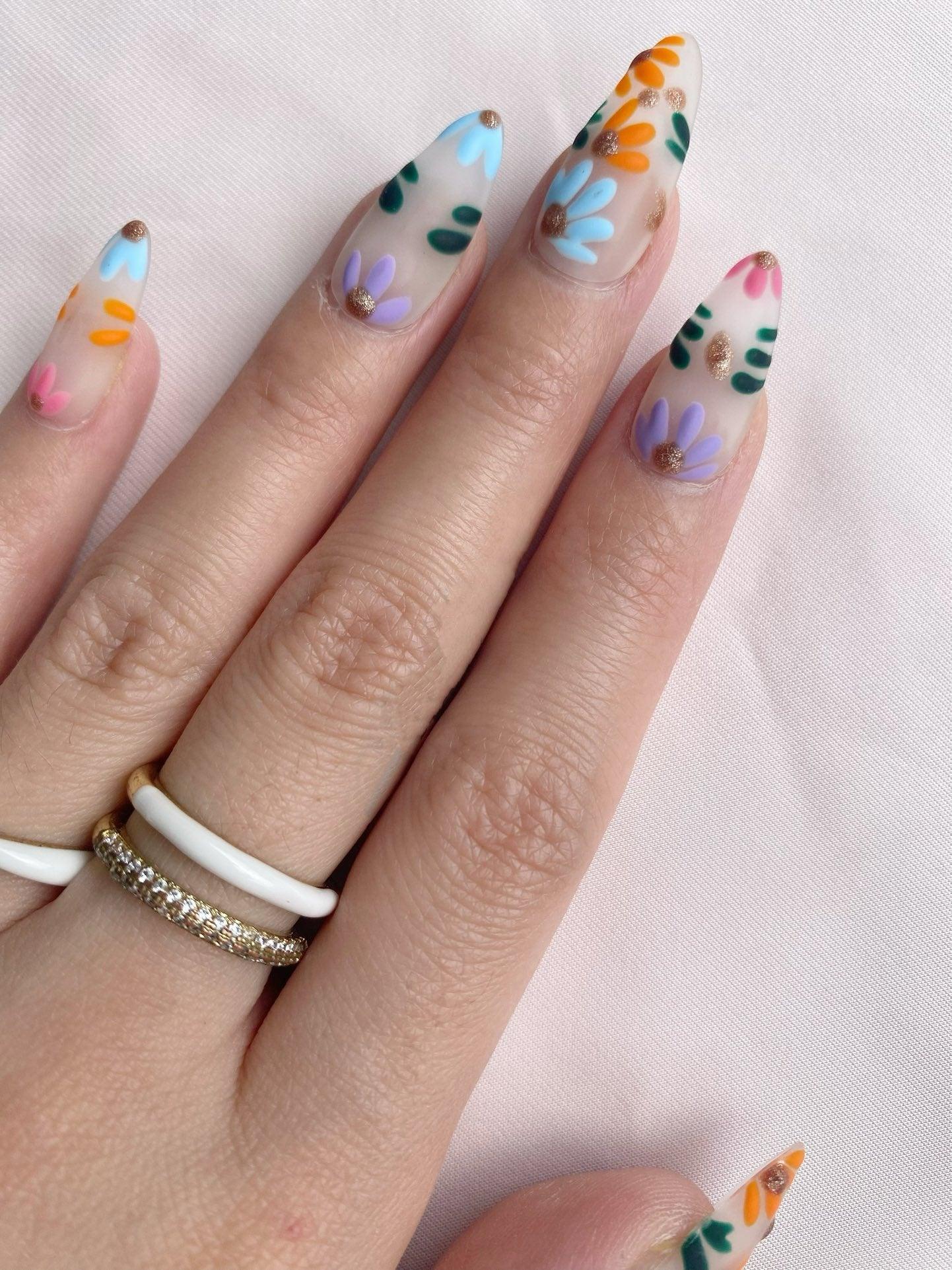 Rainbow Blossoms - GO2NAIL MEDIUM ALMOND PressOnNails