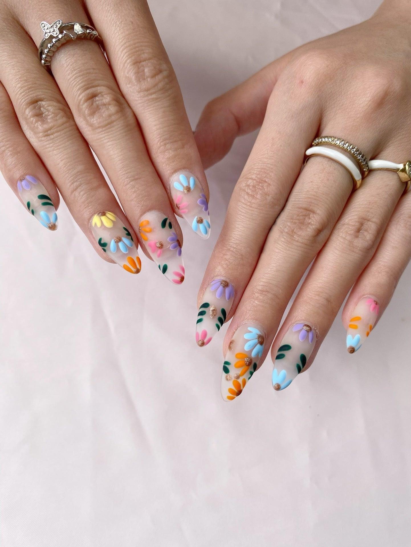 Rainbow Blossoms - GO2NAIL MEDIUM ALMOND PressOnNails