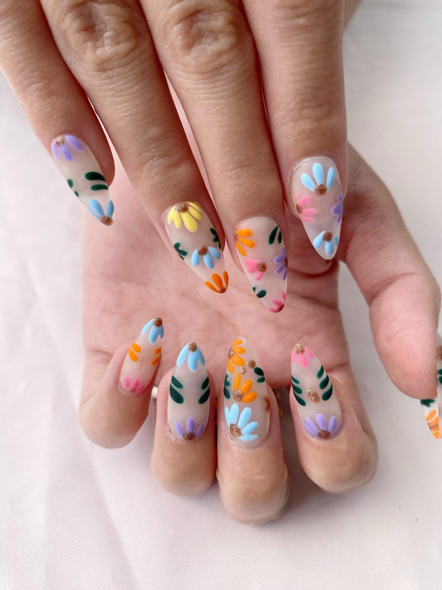 Rainbow Blossoms - GO2NAIL MEDIUM ALMOND PressOnNails