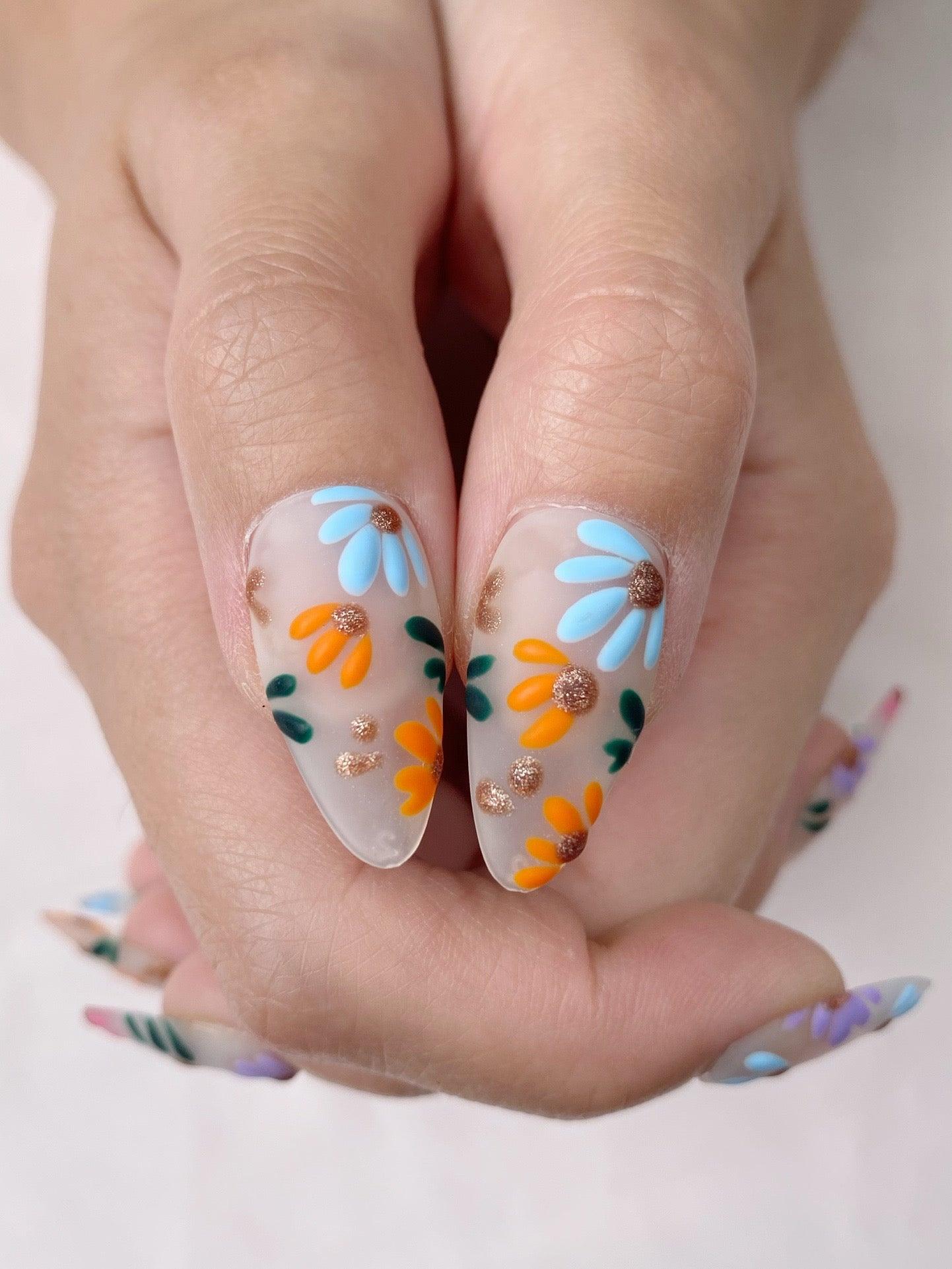 Rainbow Blossoms - GO2NAIL MEDIUM ALMOND PressOnNails