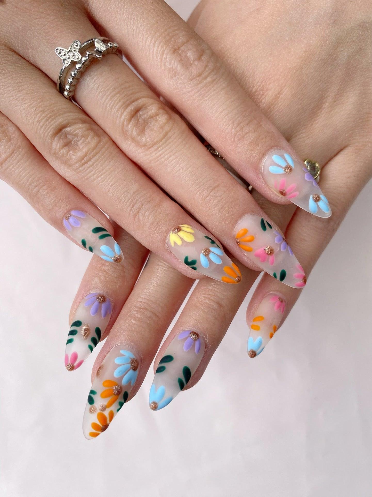 Rainbow Blossoms - GO2NAIL MEDIUM ALMOND PressOnNails